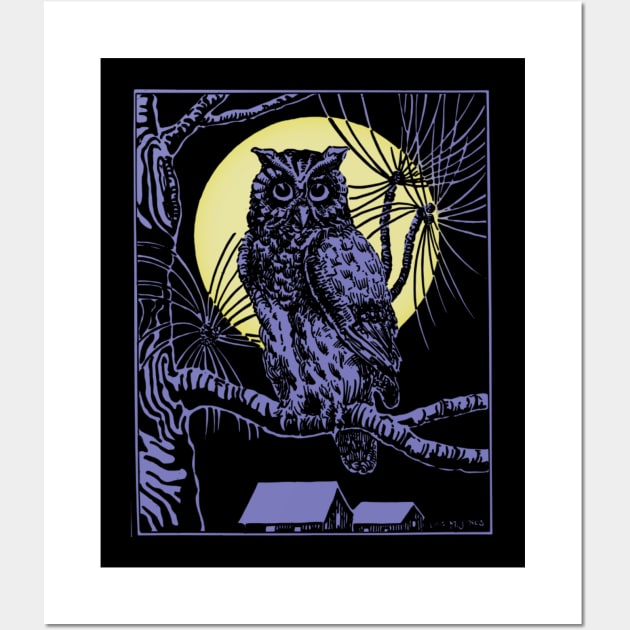 Spooky Vintage Moon & Owl Lover Halloween Illustration Gift Wall Art by twizzler3b